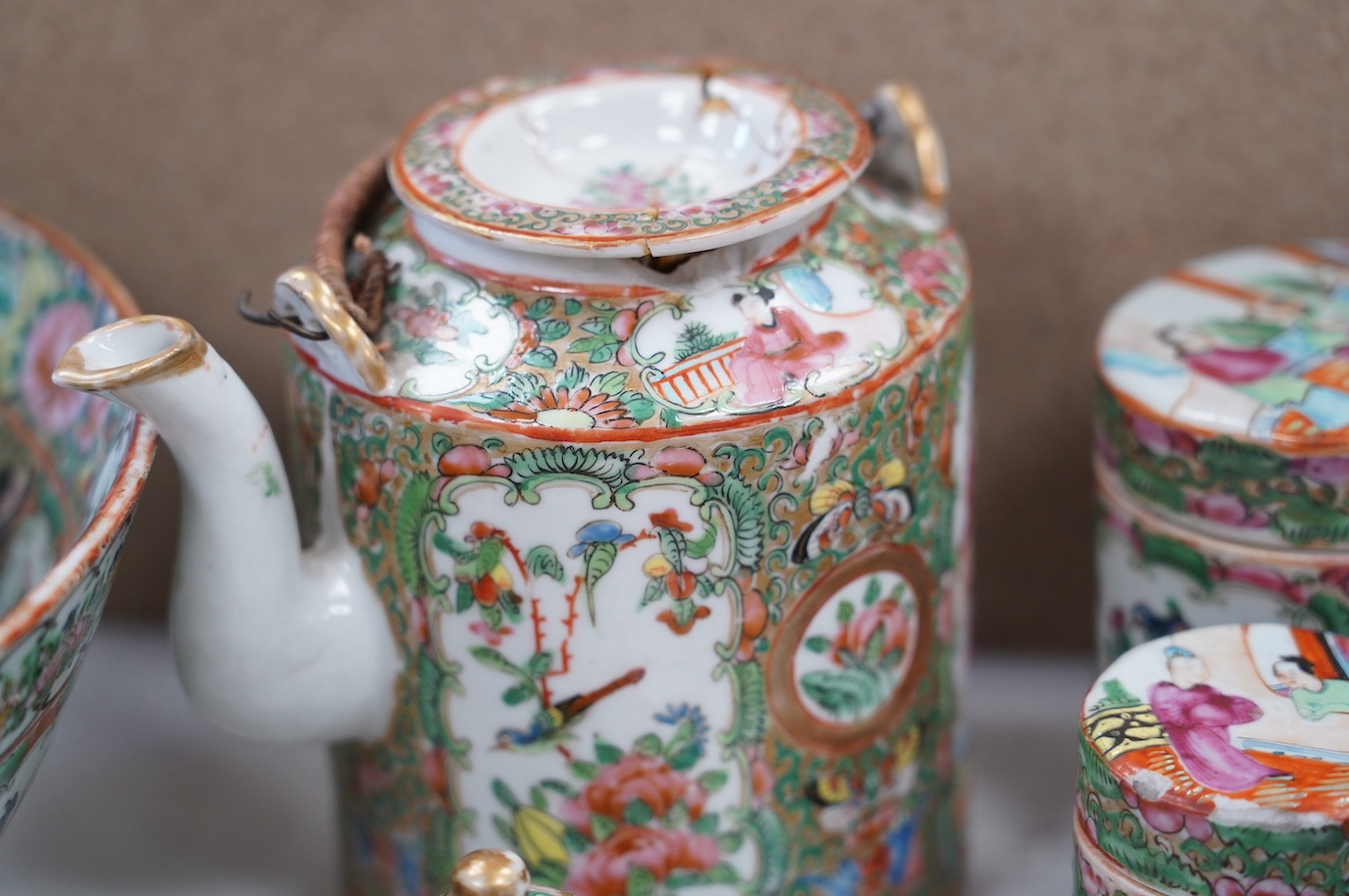 A quantity of mostly early 20th century Canton famille rose ceramics. Condition - poor to fair
